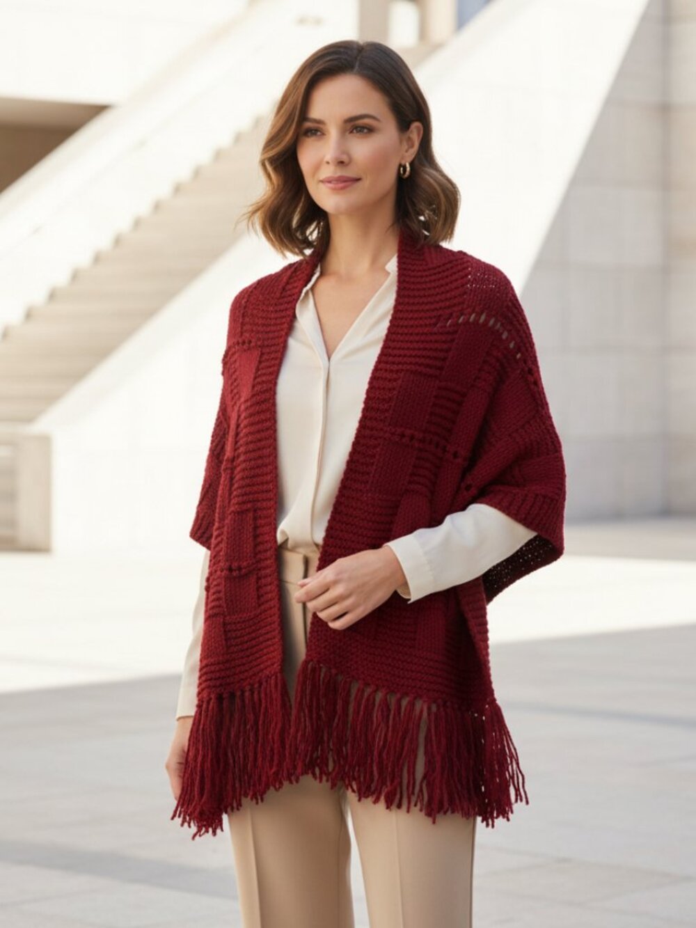 NEW Burgundy Hand Knit Shawl Wrap Scarf Boho Hippie Fringe Eyelet Cottage Indie
